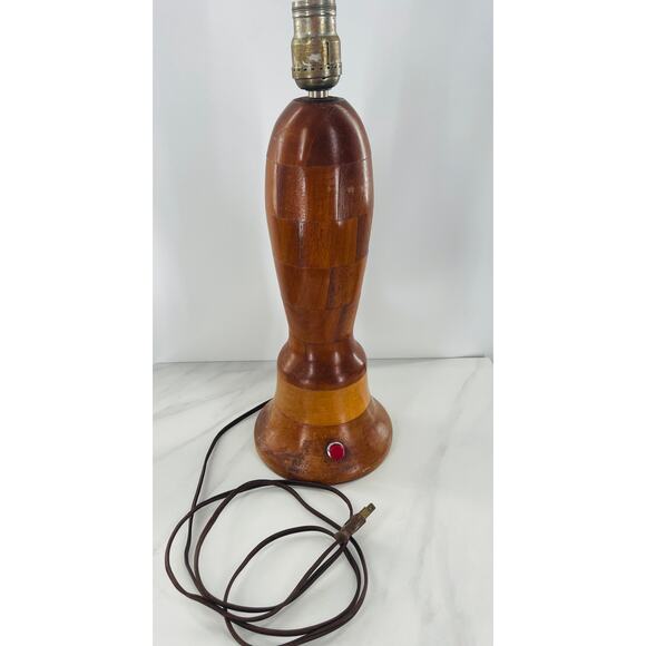 Mid-Century Wooden Patchwork Lamp with Red Switch Button - Picture 2 of 9